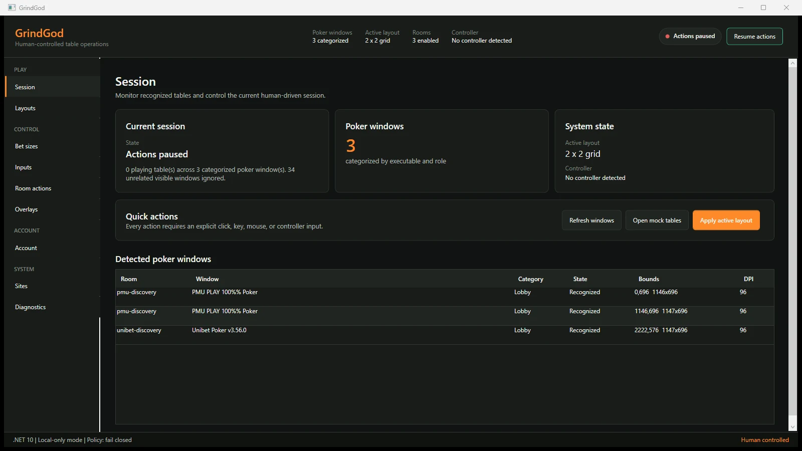 GrindGod desktop Session dashboard showing layouts, poker windows and human-controlled quick actions